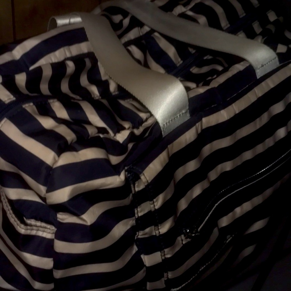 Blue and white duffel bag